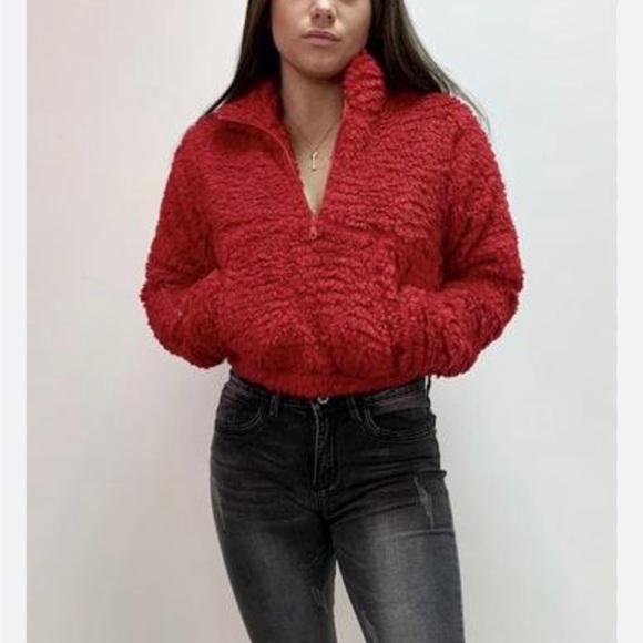 Abercrombie & Fitch Sherpa Half-Zip Cinched Cocoon Jacket Red - Picture 3 of 6